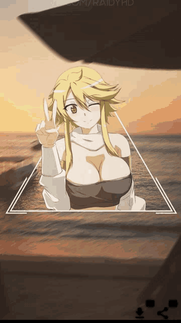 a picture of a blonde anime girl giving a peace sign in a triangle