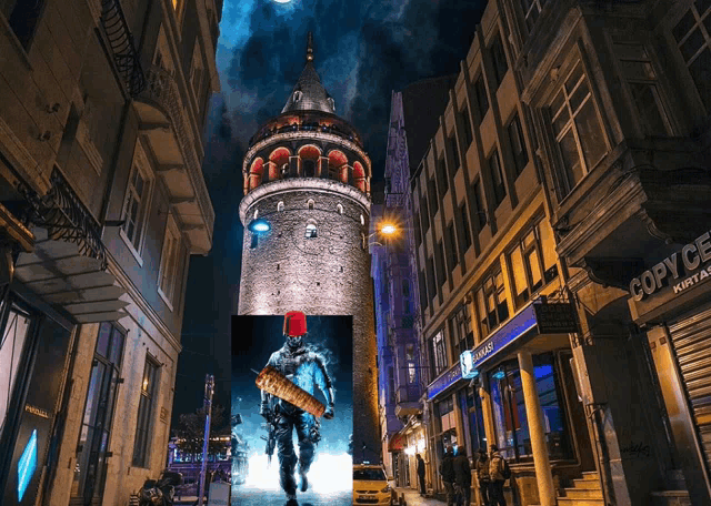 a picture of the galata tower and a picture of a man holding a molotov cocktail in front of a copy center