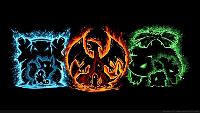 three pokemon are surrounded by fire , water and grass on a black background