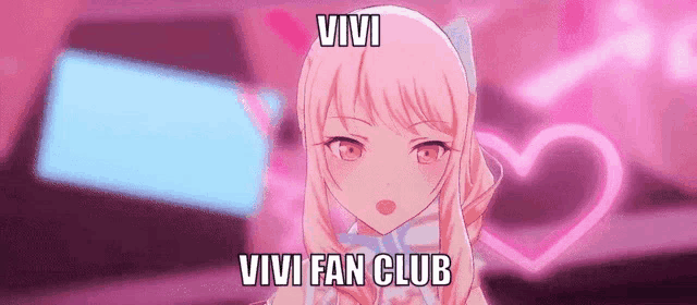 a pink anime girl with a heart in the background and the words vivi fan club on the bottom .