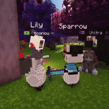 lily and sparrow are standing next to each other in a minecraft scene