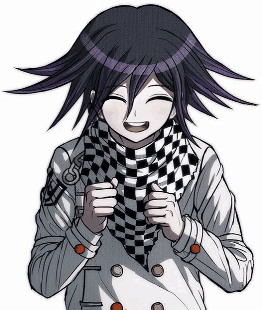 a cartoon character with purple hair is wearing a black and white checkered scarf and a white jacket .