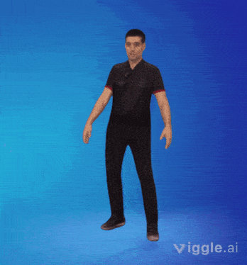 a man in a black shirt is jumping in the air with a blue background behind him that says vigge.ai