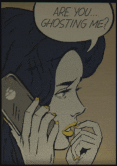 a cartoon of a woman talking on a cell phone with a speech bubble that says " are you ghosting me "