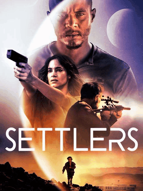 a movie poster for settlers with a man holding a gun and a woman holding a gun