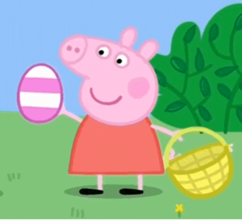 peppa pig is holding a pink and white egg and a yellow basket