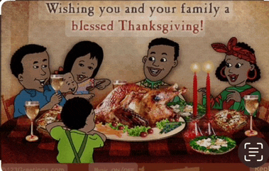 a cartoon of a family celebrating thanksgiving