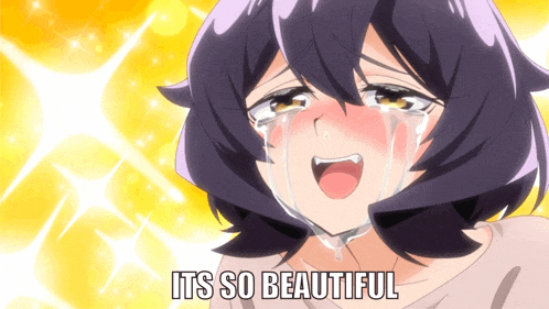 a cartoon girl is crying with the words " it 's so beautiful " above her