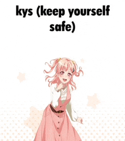 a girl in a pink dress is standing in front of a white background with the words kys ( keep yourself safe ) .