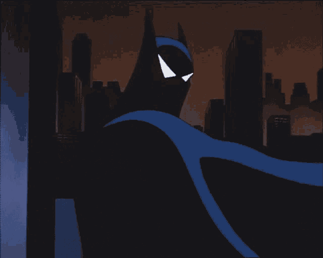 a cartoon of batman with a city in the background