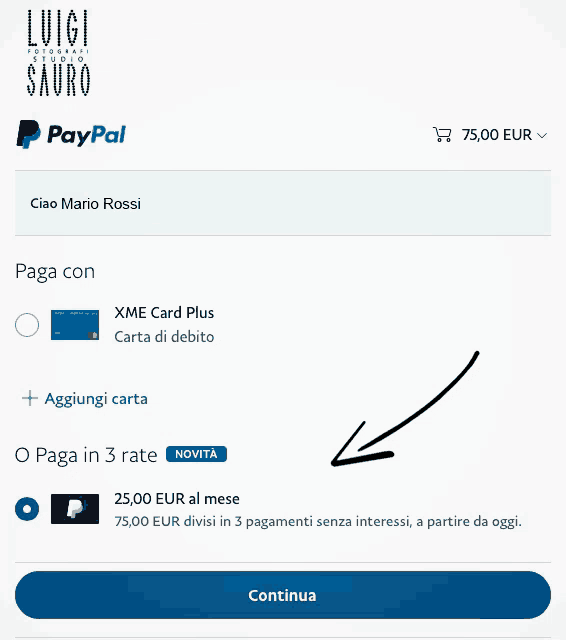 a screen shot of a paypal page with an arrow pointing to the continue button