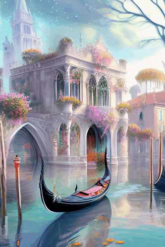 a painting of a gondola in front of a building with purple flowers