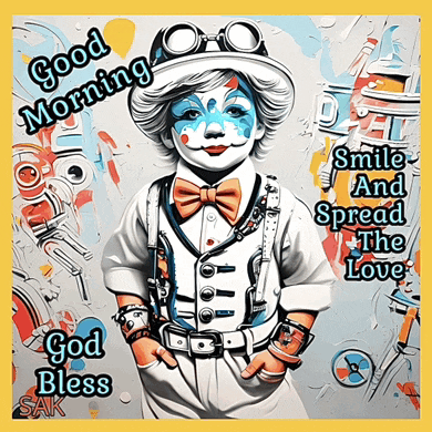 a clown with the words good morning smile and spread the love on the bottom