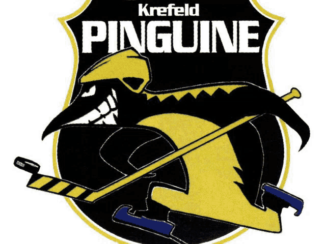 a black and yellow logo for krefeld pinguine shows a penguin holding a hockey stick