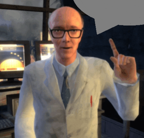 a computer generated image of a man in a lab coat giving a speech bubble