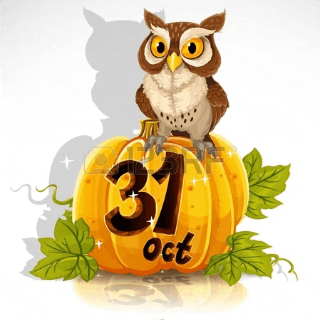 an owl is sitting on top of a pumpkin with the date of october 31 on it