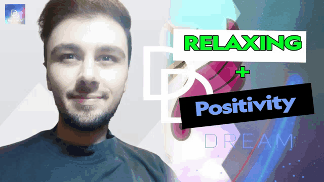 a man stands in front of a poster that says relaxing positivity