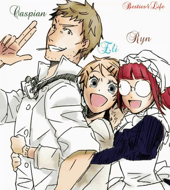 a drawing of caspian eli and ryn with the words besties4life below them