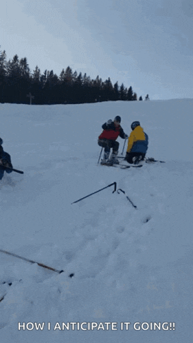 a group of people skiing down a snow covered slope with the words " how i anticipate it going " on the bottom