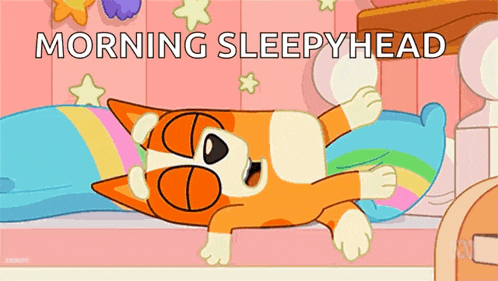 a cartoon cat is laying on its back on a bed with the words morning sleepyhead written above it .