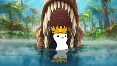 a penguin wearing a crown is swimming in the water with a dinosaur 's mouth open