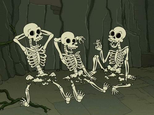 a cartoon of three skeletons sitting on the ground one smoking a cigarette