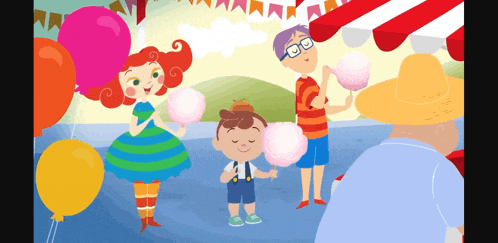 a cartoon illustration of a family eating cotton candy at a carnival