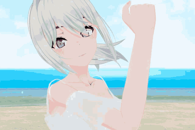 a girl with white hair and purple eyes is standing in front of the ocean