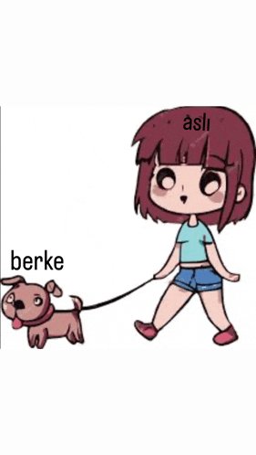 a girl is walking a small dog on a leash with the word berke on the bottom right