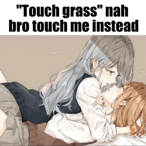 a cartoon of two girls kissing with the caption " touch grass " nah bro touch me instead