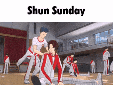 a bunch of people are doing stretching exercises and the words shun sunday are above them