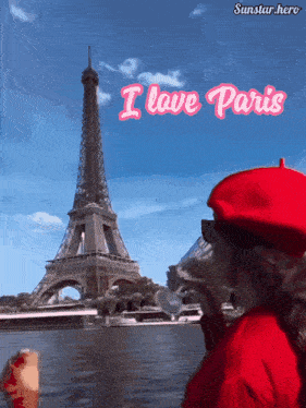 a woman in a red beret is drinking water in front of the eiffel tower and the words i love paris