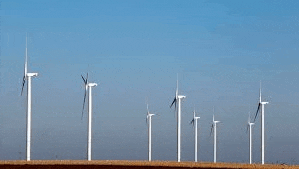 a row of wind turbines are lined up in a field .