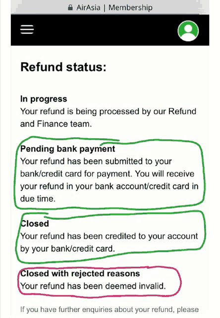 a screenshot of a refund status page on airasia