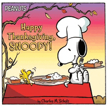 a peanuts cartoon says happy thanksgiving snoopy and shows snoopy eating a pie