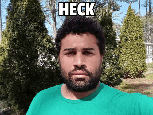 a man in a green shirt is standing in front of trees with the word heck above him