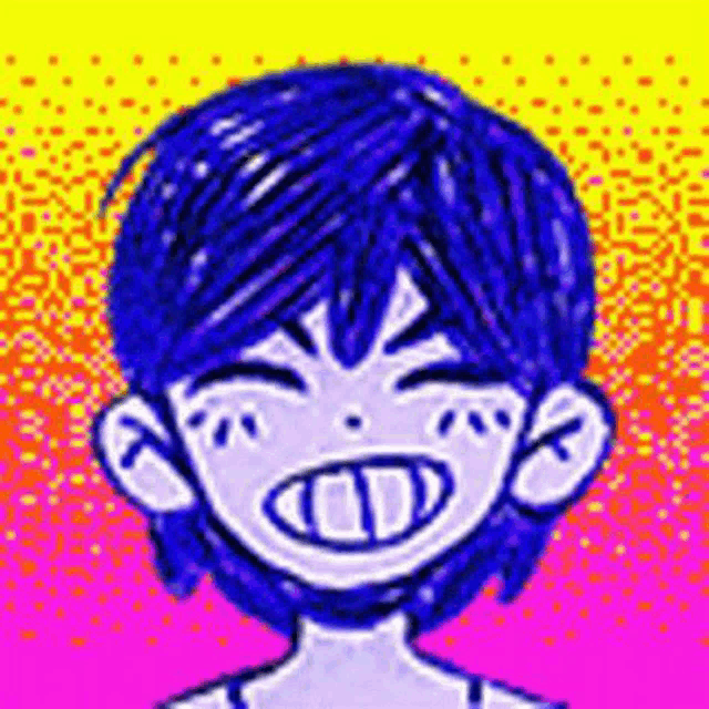 a drawing of a boy with blue hair and a big smile .