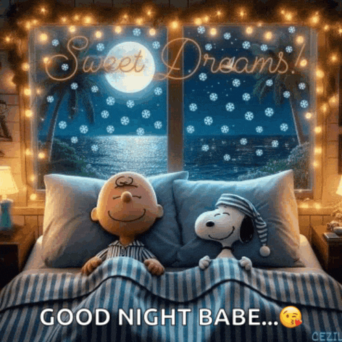 snoopy and charlie brown are sleeping in a bed with the words sweet dreams written on the window