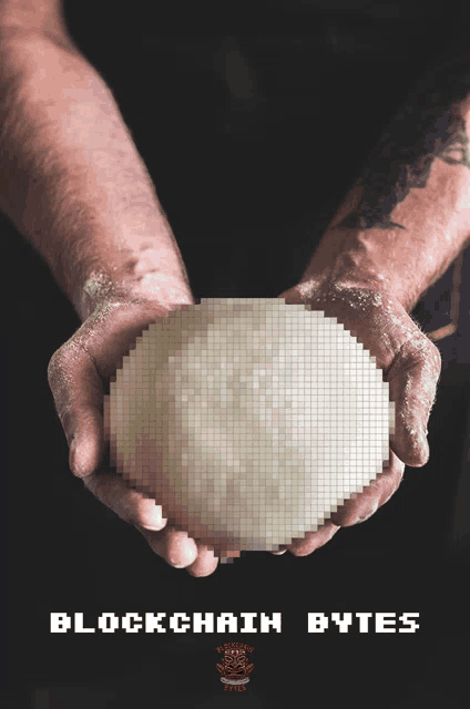 a person is holding a ball of dough in their hands with the words blockchain bytes below it