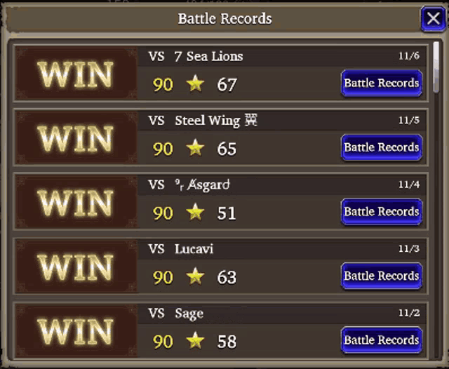 a screenshot of a battle records screen shows the winners and losers