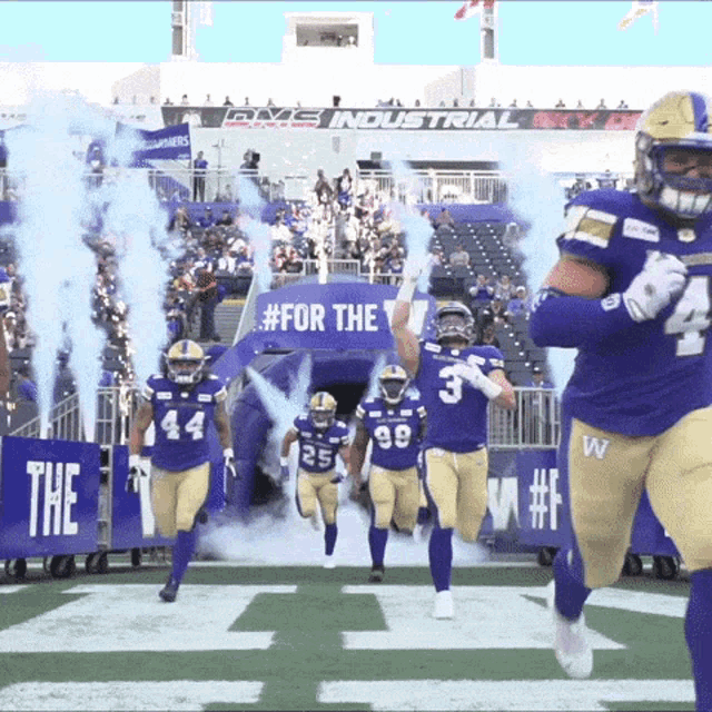 a group of football players are running on a field with smoke coming out of the tunnel that says #for the