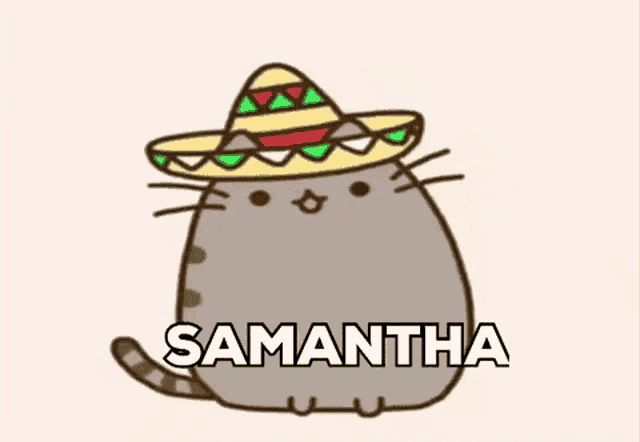 a cartoon cat wearing a sombrero with the name samantha written below it