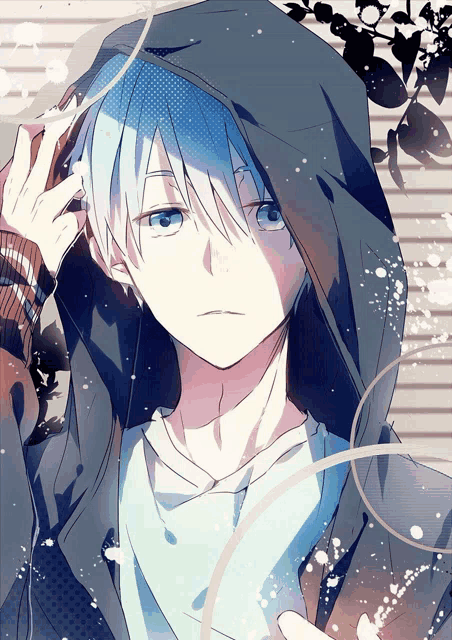 a boy with blue hair wearing a black hoodie