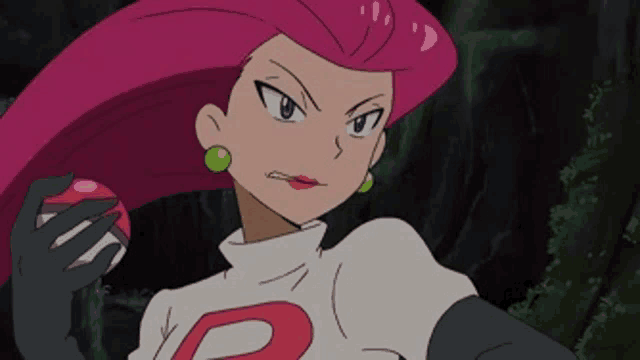 a cartoon character with long pink hair is holding a pokeball .