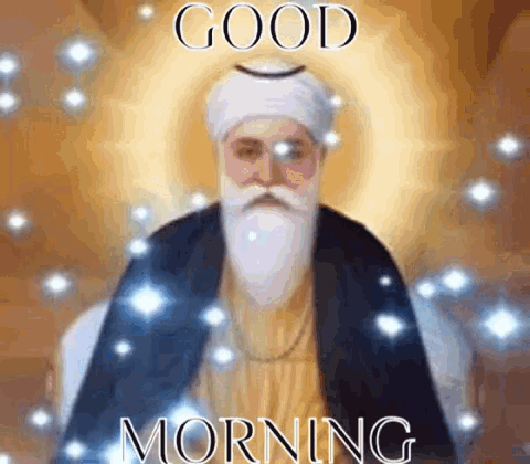 a man with a beard and sunglasses is wearing a turban and sunglasses and says good morning .