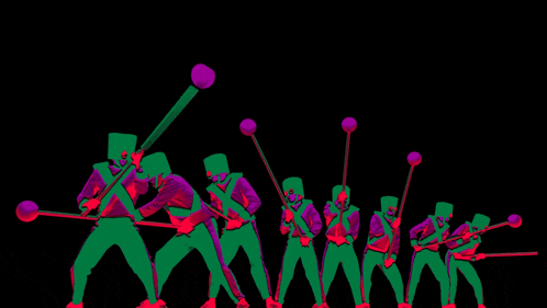 a group of green and purple soldiers holding sticks and balls