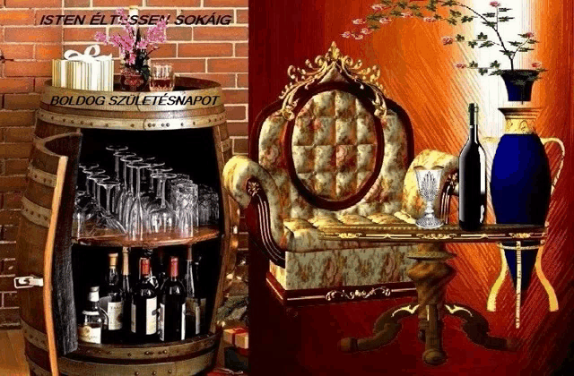 a picture of a barrel filled with wine bottles and glasses with boldog születésnapot written on the bottom