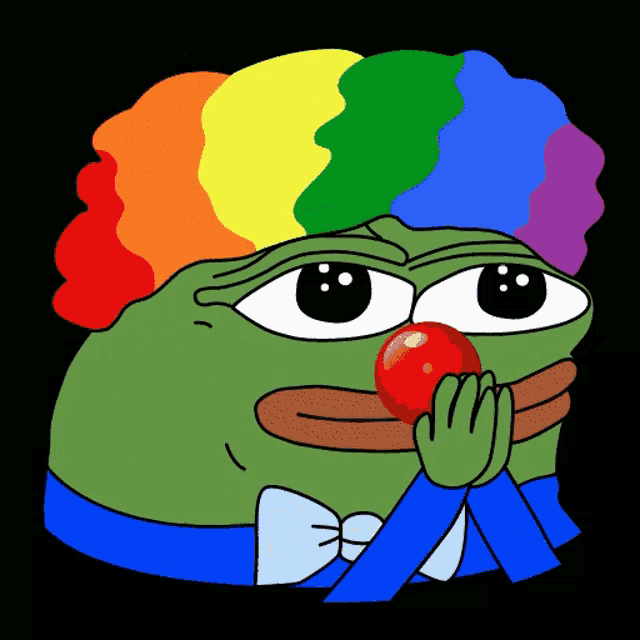 a green frog wearing a rainbow wig and a blue bow tie