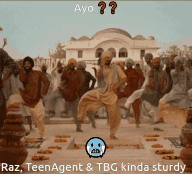 a group of men are dancing in front of a building with the words raz teenagent & tbg kinda sturdy on the bottom