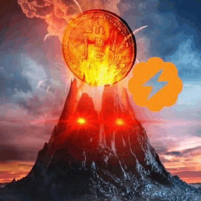 a bitcoin is erupting from a volcano with a lightning bolt in the background .